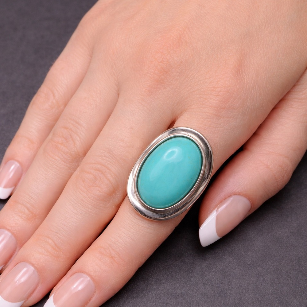 925 Sterling Silver Turquoise Oval Statement Ring Size 7 - Picture 8 of 17